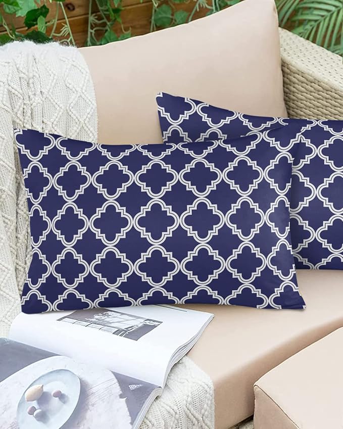 Outdoor Waterproof Pillow Covers for Patio Moroccan Pattern Decorative Throw Pillow Cover Geometric Trellis Navy Blue Pillowcases Set of 2 Cushion Case for Sofa Couch Chair Home Decor 20x12 inch