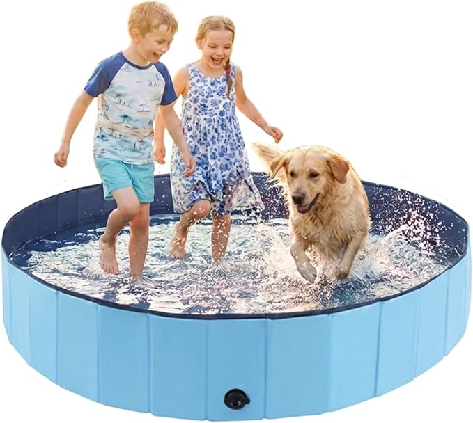 Eooqi Foldable Dog Pool, Collapsible Pet Bath Tub & Kiddie Wading Pool, Portable Hard-Side Dog Swimming Pool for Puppies, Small & Medium Dogs, Cats and Kids (Blue, 55"-XL)