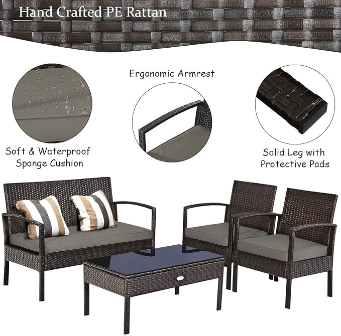 HAPPYGRILL 8-Piece Patio Furniture Set, Garden Pool Lawn Rattan Wicker Conversation Set, Loveseat Sofa Cushioned Seat & Glass Top Coffee Table