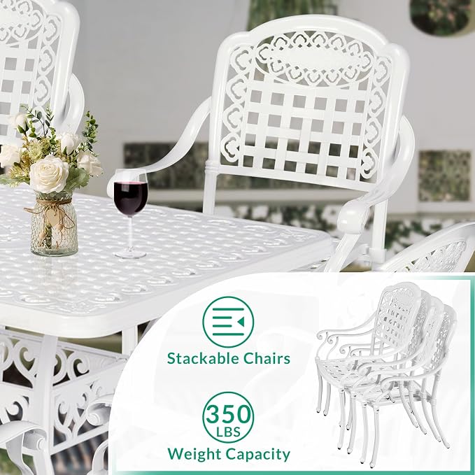 VIVIJASON 7-Piece Patio Furniture Dining Set, All-Weather Cast Aluminum Outdoor Conversation Set, Include 6 Chairs and a Rectangle Table with Umbrella Hole for Balcony Lawn Garden Backyard, White