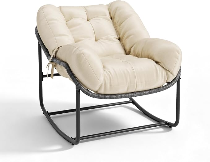 GarveeLife Outdoor Lazy Rocking Chair, Single Metal Rocker with Comfortable Seat, Beige, for Patio Porch Balcony, Relaxation