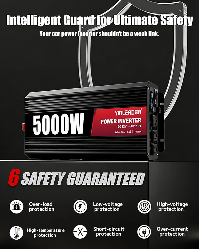 5000 Watt Power Inverter 12v to 110V/120V Converter Peak Power 10000W with 3 AC Outlets,1 USB Port, Remote Controller & LCD Screen DC to AC Inverter for RV Camping Off-Grid Solar Inverter Systems