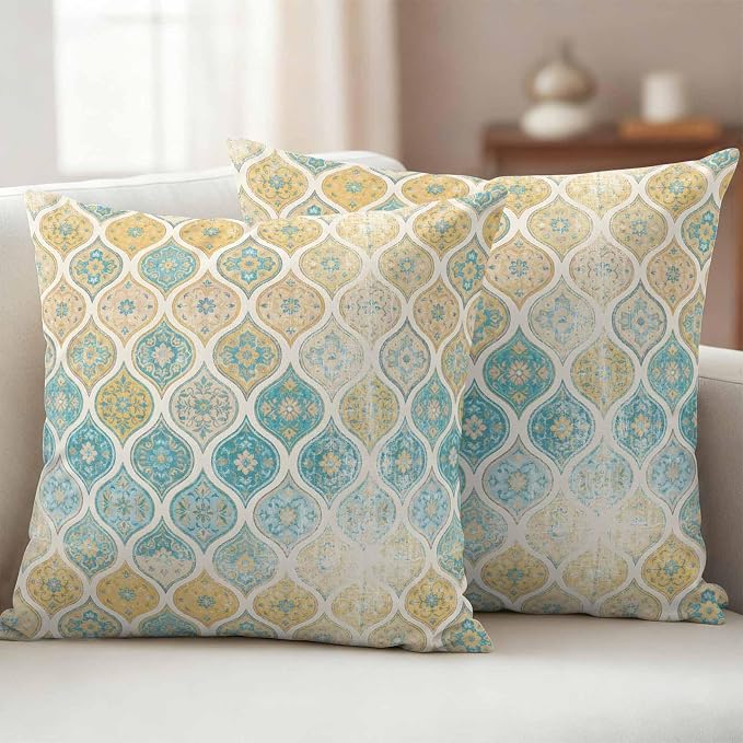 Turquoise Yellow Boho Outdoor Pillow Covers 16x16 Inch Throw Pillow Covers Set of 2 Waterproof Decorative Pillow Cases Southwest Aztec Abstract Geometric Cushion Covers for Patio Furniture Garden