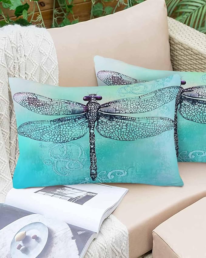 Vandarllin Outdoor Throw Pillows Covers 20x12 inch Set of 2 Waterproof Watercolors Dragonfly Decorative Zippered Cushion Covers for Patio Furniture, Teal Painting Lumbar Pillowcases
