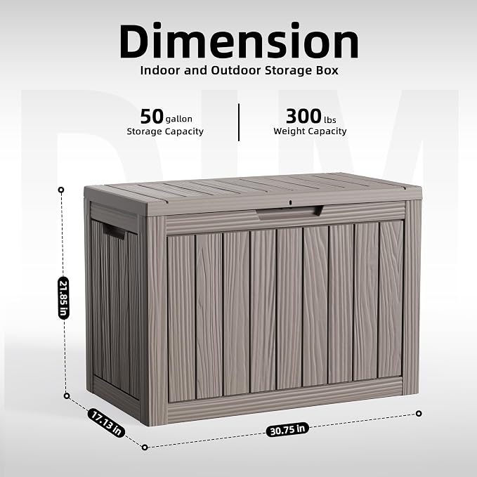 Resin Deck Box Outdoor Storage Box Waterproof for Patio Furniture,Outdoor Cushions,Garden Tools and Pool Supplies (Grey, 50 Gallon)