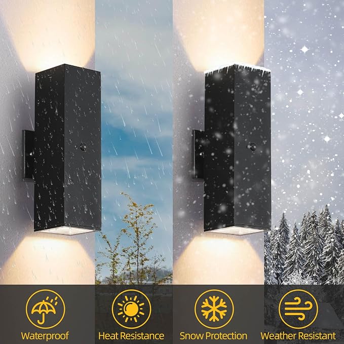 SHIMR Motion Sensor Outdoor Wall Lights, Up and Down Sconce, ETL Listed | Dusk to Dawn Outdoor Lighting, Black Waterproof Aluminum Exterior Light Fixture for Porch Garage Patio, LED Bulbs Included