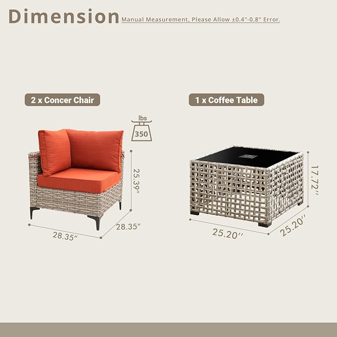 3 Pieces Patio Sectional Furniture Set, Outdoor Wicker Sectional Couch with Solar Lights Table, Modern Conversation Set for Porch Balcony Backyard, Orange