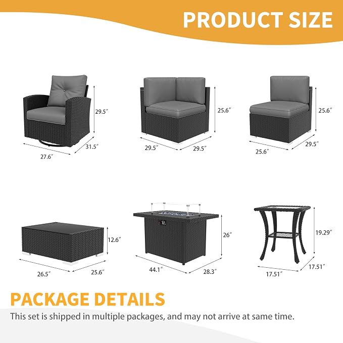 LayinSun 15 Pieces Patio Furniture Set with Fire Pit Table, Black Rattan Modular Sectional Outdoor Conversation Sofa Set, Swivel Rocking Chairs Set