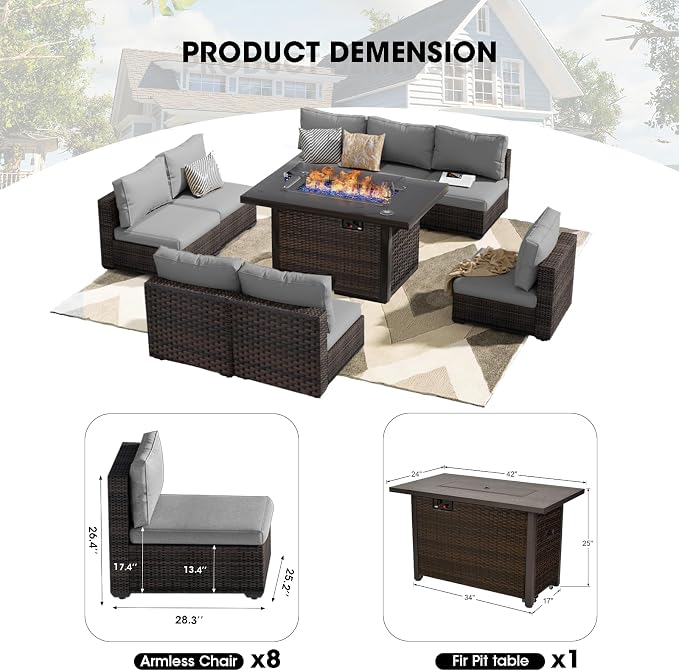 Patio Furniture Set Fire Pit Table 9 Piece All Weather PE Rattan Outdoor Sectional Sofa Couch with 8 x armless Sofa, No-Slip Cushions for Garden, Poolside, Backyard (Gray)