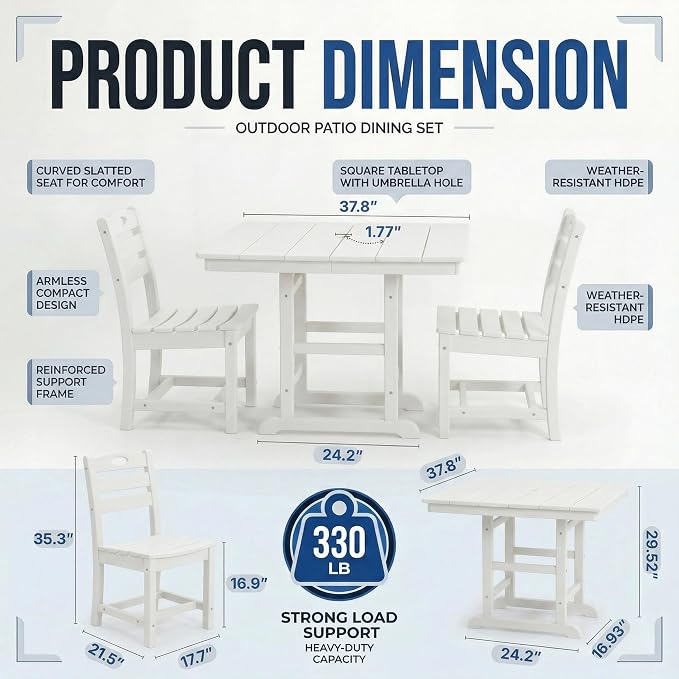 KEIKI 3-Piece HDPE Patio Dining Set Bistro Table Chairs for Porch Deck Lawn Modern Durable All-Weather Coffee Square Table, Compact 2-Person Small Space Easy Cleaning Outdoor Living Bistro Set, White