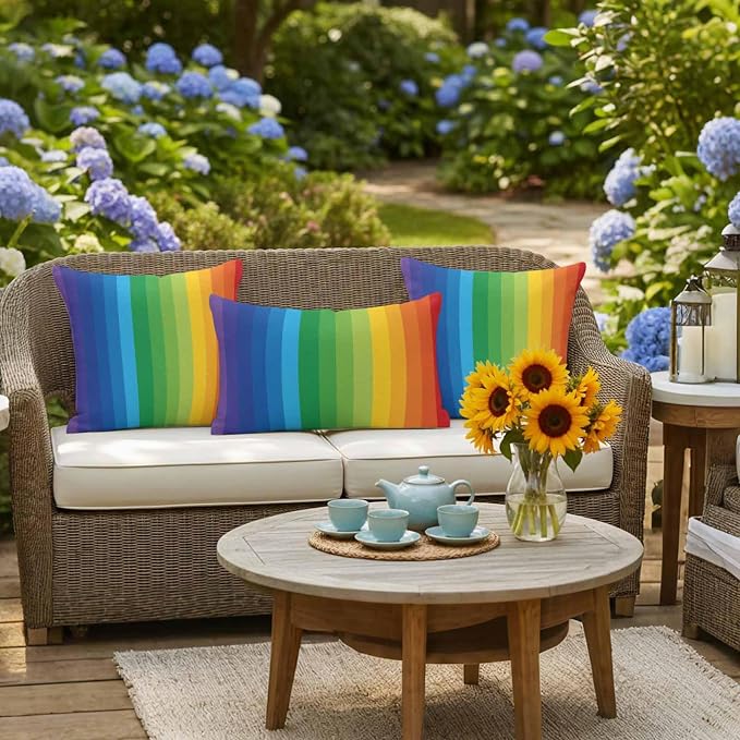 Outdoor Waterproof Throw Pillow Covers Set of 2 Rainbow Stripes Pillowcases 20x20 Inches Colorful Lines Striped Decorative Pillows Cushion Case Patio Pillows for Couch Bed Chair Garden