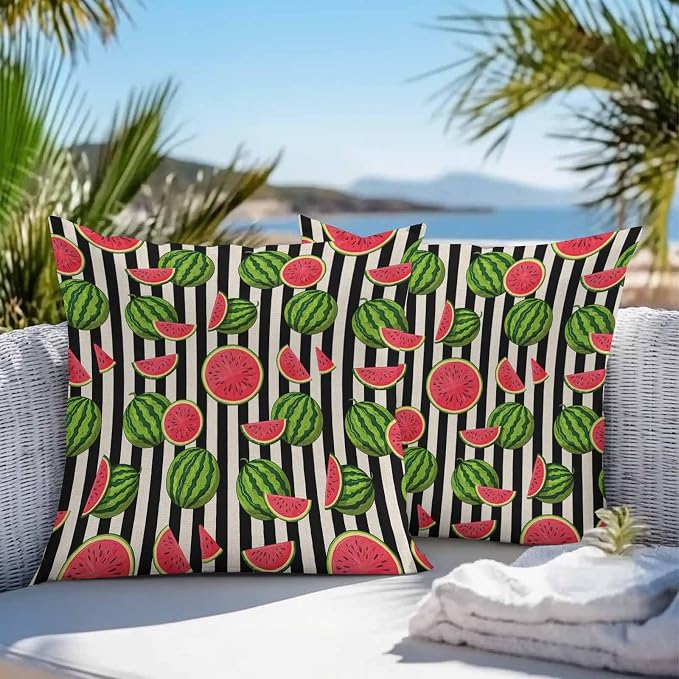 Vandarllin Outdoor Throw Pillows Covers 26x26 inch Set of 2 Waterproof Watermelon Decorative Zippered Cushion Covers for Patio Furniture, Summer Fruit Black Stripes Lumbar Pillowcases