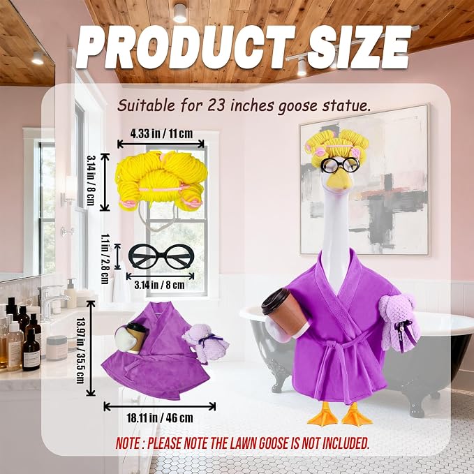 Lady Porch Goose Outfits,Bathrobe Porch Goose Statue Costume with Curlers Reading Glasses Coffee Cup Towel, Cute Goose Clothes for 23-Inch Cement Statue, Lawn Yard Garden Patio Decor(Dark Purple)