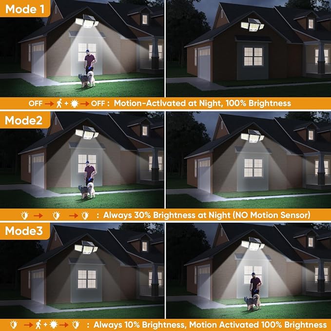 MDCMDCM Solar Motion Sensor Outdoor Lights Waterproof - 3000LM 3 Modes Security Lights Outdoor 270° Illumination IP65 LED Solar Flood Wall Light for Garden Yard Patio Pathway (with ‎Remote Control,1)
