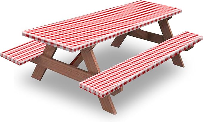 KENOBEE 7ft Picnic Table and Bench Cover, Camping Essentials RV Gear, 84 in Waterproof Windproof Outdoor Elastic All Around Tablecloth, Fitted Rectangle Tables and Seats, Red-White Checkered