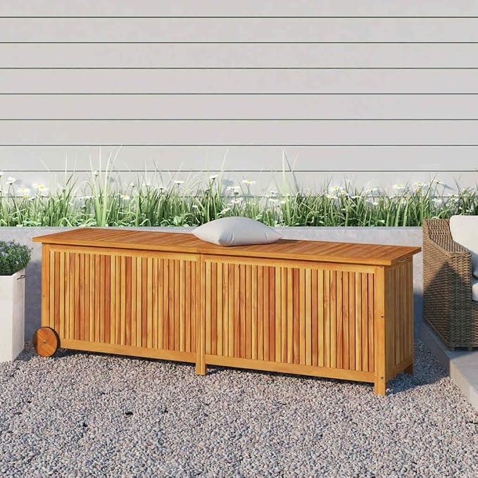 Solid Acacia Wood Garden Storage Box, Outdoor Patio Deck Bin with Wheels, Large Waterproof Container for Cushions, Toys, Pool Supplies, 59.1 x 19.7 x 22.8 Inches