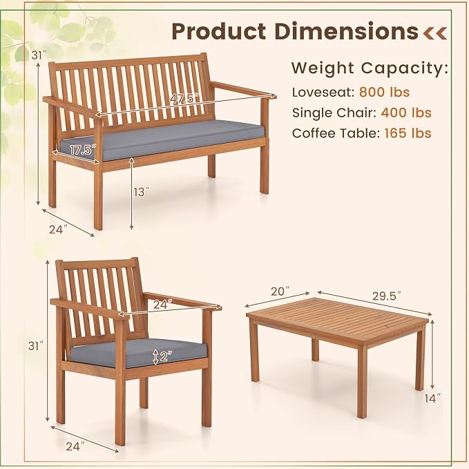Tangkula 4 Piece Patio Wood Furniture Set, Acacia Wood Sofa Set w/Loveseat, 2 Chairs & Coffee Table, Soft Seat Cushions, Outdoor Wood Furniture Set for Porch, Yard, Balcony (Gray)