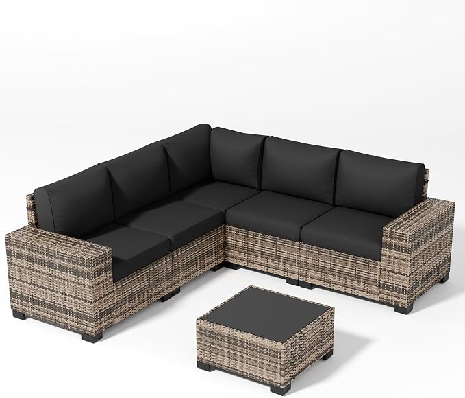 Patio Furniture Set, Wide Armrest Outdoor Furniture Set with Thick Cushions, 6 Piece Wicker Rattan Patio Sectional Sofa for Backyard, Poolside, Garden