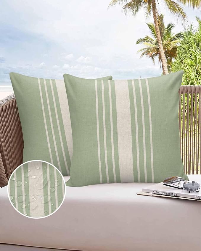 Vandarllin Outdoor Throw Pillows Covers 20x20 inch Set of 2 Waterproof Sage Green Vertical Stripes Decorative Zippered Cushion Covers for Patio Furniture, Classic Striped Linen Lumbar Pillowcases