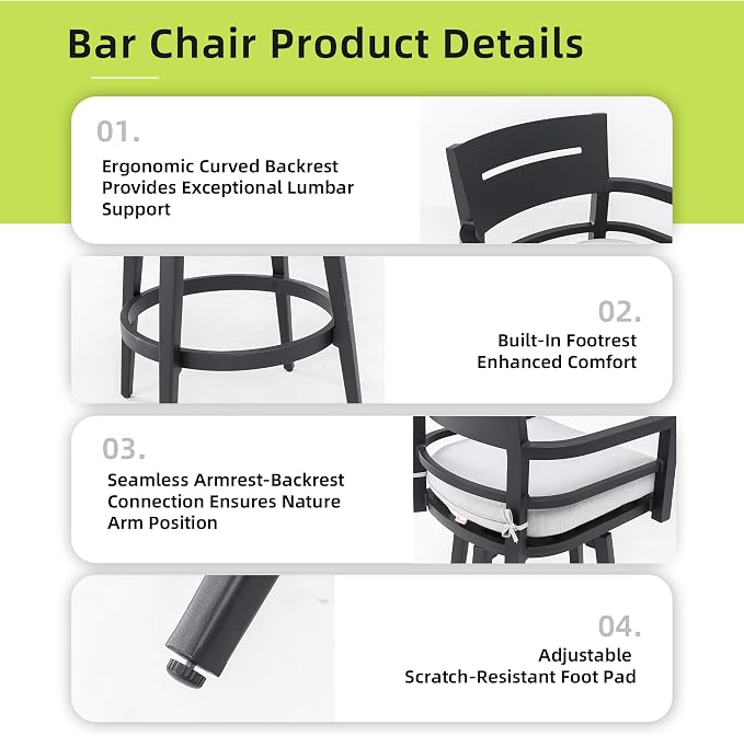 Modern 5-Piece Outdoor Patio Bar Table Set for 4, Small Square Marble Stone Table with 4 Weather-Resistant Swivel Bar Chairs, Aluminum Frame and Umbrella Hole, Sunbrella Cushion