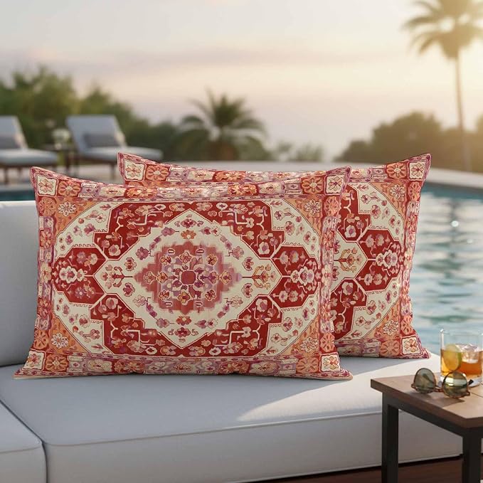 Red Bohemia Turkish Pattern Outdoor Pillow Covers Set of 2 Retro Ethnic Style Waterproof Throw Pillow Cover Decorative Cushion Cases for Patio Porch Garden 20X12 Inch