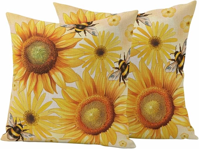 Outdoor Throw Pillow Covers,Farmhouse Sunflower Bee on Linen Waterproof Decorative Pillowcases Cushion Cover Retro Pastoral Yellow Flower Pillow Cases for Patio Couch Sofa Bed,18x18in Set of 2