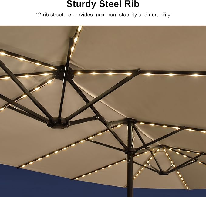 PURPLE LEAF 14ft Patio Market Umbrella with Solar LED and Base Double-Sided Rectangle Outdoor Table Sun Umbrellas with Crank for Pool Beach Deck Backyard Khaki