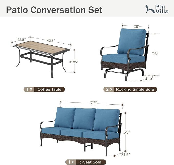 PHI VILLA Outdoor Modern Patio Furniture Set, Upgraded Wicker & Metal Patio Conversation Set with Waterproof Thick Cushions for Porch, Poolside, Yard (4 Pieces,Navy)