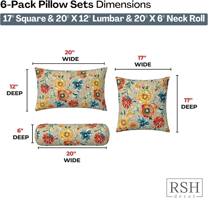 RSH DECOR: 6-Pack Pillow Set | All-Weather Spun Fabric | Water & Fade-Resistant | 17" Square, 20" x 12" Lumbar, 20" x 6" Neck Roll Pillows | Outdoor Pillows for Patio | Made in USA (Colsen Sonoma)