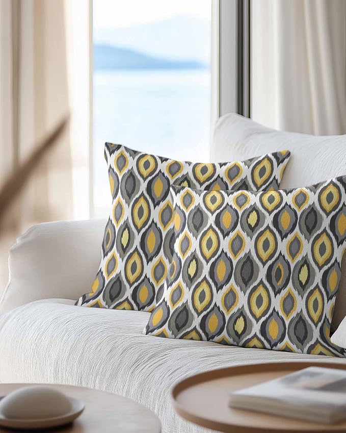 Outdoor Waterproof Throw Pillows 18x18in, Yellow Geometric Abstract Diamon Patio Pillows Pack of 2,Decorative Pillow Covers with Insert,Pillow Cushion Case for Garden Couch Sofa Vintage Nordic Style