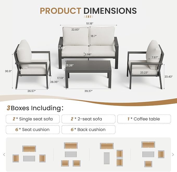Aluminum Patio Conversation Sets All-Weather Sectional Outdoor Furniture Set with Coffee Table & Cushions with Removable Covers for for Backyard, Garden and Poolside Easy Assembly(Beige)