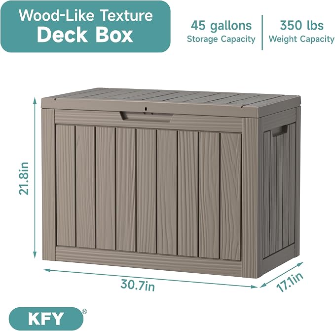 45 Gallon Waterproof Resin Deck Box, UV Resistant Outdoor Storage for Garden, Patio, Porch, Delivery, Grey
