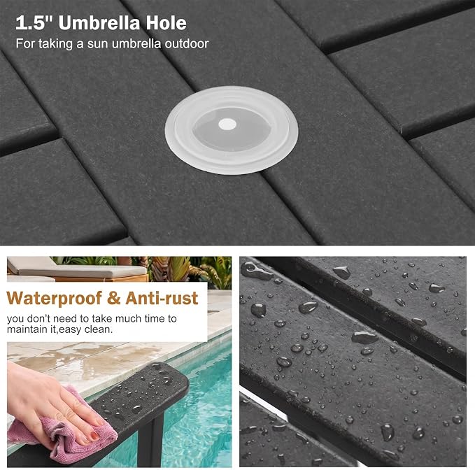 10 Piece Outdoor Dining Set All Weather HDPE Patio Table and Chairs Set for 8 with Umbrella Hole Outdoor Furniture for Deck, Backyard, Garden (Black)