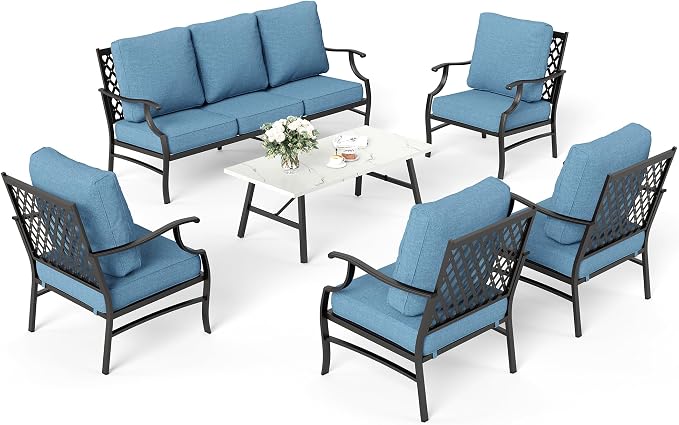 SUNSHINE VALLEY 6 Piece Metal Outdoor Patio Furniture Set, Patio Conversation Sets 1 3-Seater Sofa, 4 Fixed Chairs with 5.75" Thick Cushion and Coffee Table, Backyard Furniture Set for Deck, Navy