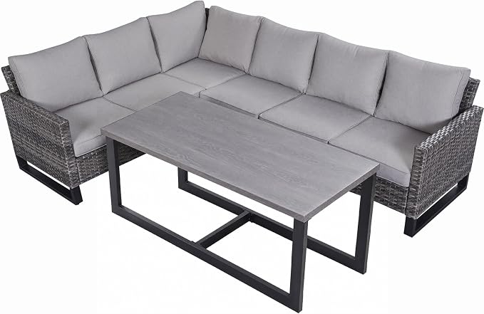 Belord Outdoor Sectional Sofa 6 Seater L Shaped Couch Wicker Patio Conversation Furniture Set with Tree-Grain Finish Metal Dining Table, Rattan Outdoor Furniture with Removable Washable Cushion Blue