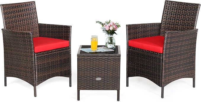 RELAX4LIFE 3 Pieces Patio Rattan Furniture Set with Glass Coffee Table & Cushions Outdoor Conversation Set for Poolside Balcony Backyard Lawn Porch 3 Pieces PE Rattan Patio Set (Red)