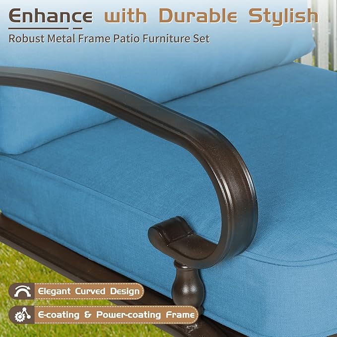 Oakcloud 5-Piece Outdoor Metal Furniture Sets Patio Conversation Set Wrought Iron Glider, 2 Single Chairs, Loveseat and Coffee Table, Peacock Blue