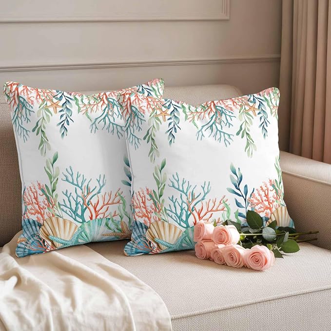 Throw Pillow Covers 26x26 Inch Set of 2, Marine Life Waterproof Outdoor Pillow Covers, Nautical Underwater Coral Shell Starfish Watercolor Decorative Cushion Pillowcases for Couch, Sofa, Bed, Patio