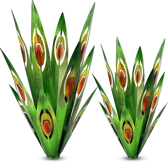 Jesokiibo Tequila Rustic Sculpture DIY Metal Agave Plant Home Decor Rustic Hand Painted Metal Agave Garden Ornaments Outdoor Decor Figurines Home Yard Decorations Stakes Lawn Ornaments (Green 2PCS)