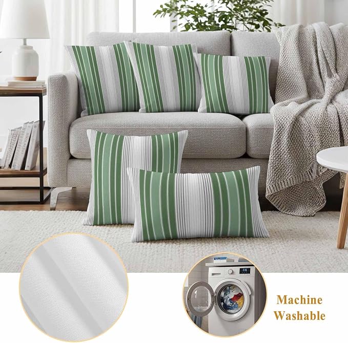 Chucoco Outdoor Waterproof Throw Pillow Cover, Green White Striped Decorative Pillows Cushion Covers, Classic Geometric Line 2 Pack Pillow Cases for Patio Garden Balcony Couch Sofa 24x24in