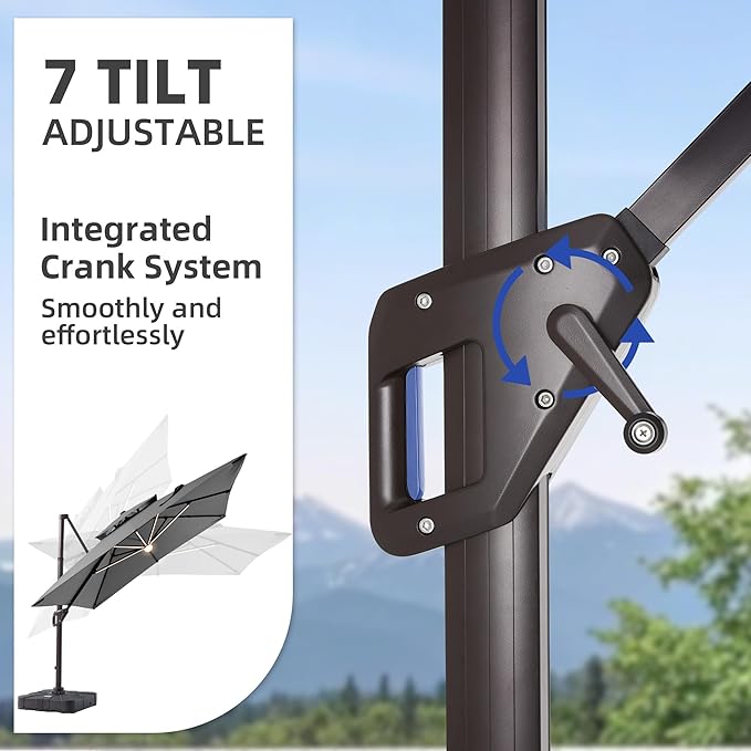 10 X 13 FT Cantilever Patio Umbrella with Led Lights and Base Included Heavy Duty Outdoor Double Top Large Rectangle Offset Umbrellas with 360-degree Rotation for Garden Pool Deck Backyard, Grey