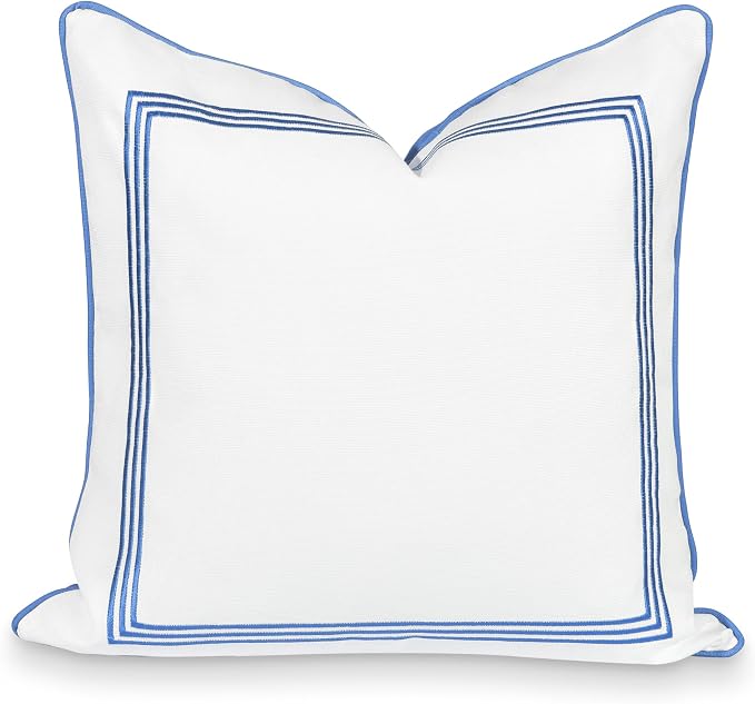 Hofdeco Premium Coastal Patio Indoor Outdoor Pillow Cover Only, 20"x20" Water Repellent for Backyard, Couch, Cornflower Blue Embroidered Square Line