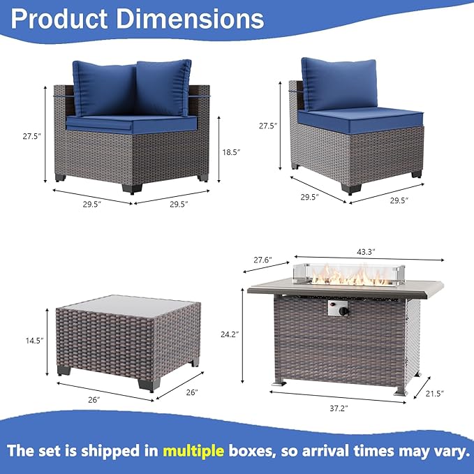 8 Pieces Outdoor Patio Furniture Set,Outdoor Sectional Furniture with 43" 55000 BTU Gas Propane Fire Pit Table,All Weather PE Rattan Wicker Patio Conversation Set,Navy Blue