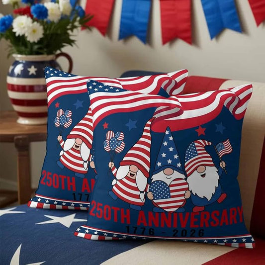 250th Anniversary Outdoor Pillow Covers 20"x20" Set of 2, Patriotic Gnome USA Flag Independence Day Waterproof Throw Pillow Covers for Patio Furniture, Decorative Cushion Covers for Porch