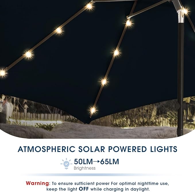 wikiwiki 9ft Solar Led Patio Umbrella, Sturdy Outdoor Market Umbrella for Deck, Pool, Garden w/Tilt, Crank, 32 LED Lights, Navy Blue