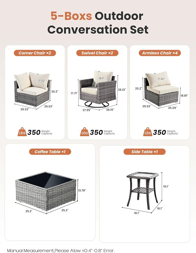 ovios Outdoor 10 Piece Coversation Set with Swivel Rocking Chair,Sectional Patio Furniture Set with All-Weather Wicker Sofa,Modern Outside Couch for Balcony Backyard Pool, Beige