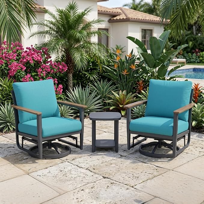Aluminum Patio Swivel Rocking Chair Outdoor Bistro Set, 3PCS Patio Conversation Set Outdoor Patio Furniture Set with High Backrest & Thickened Cushions for Garden, Deck and Balcony, Turquoise