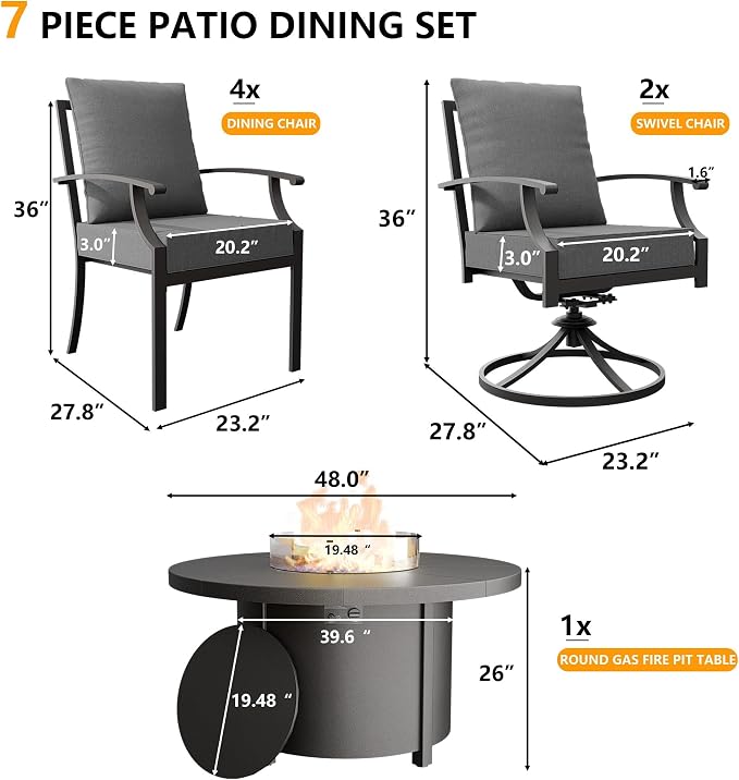Kullavik 7 Piece Metal Outdoor Patio Furniture Set with Fire Pit Table,Outdoor Dining Table Set with 4 Fixed Chairs,2 Swivel Chairs and 55000 BTU Outdoor Round Fire Pit,Grey