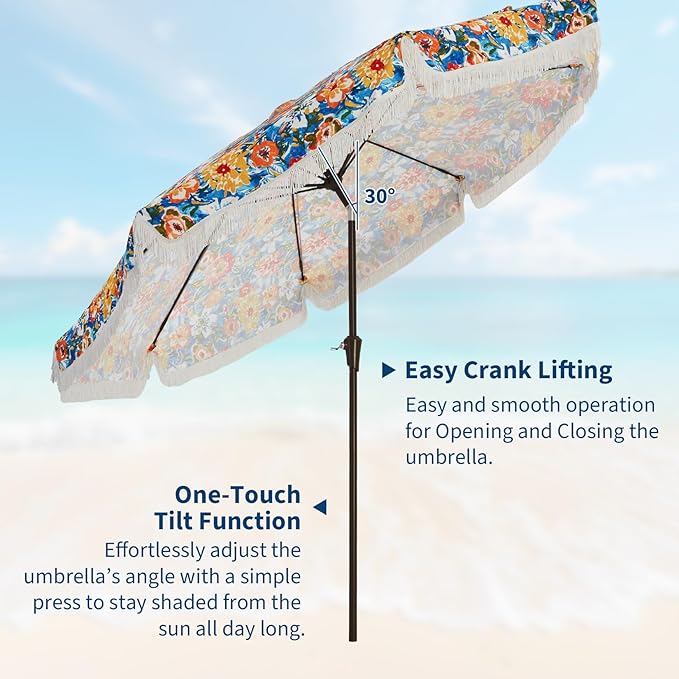 PeakPursuit 9 ft Patio Umbrella with Fringe, Tassel Outdoor Beach Umbrella for Sand with Push Button Tilt, 8 Fiberglass Ribs, UV 50+ Sun Protection for Garden, Pool, Backyard, Deck