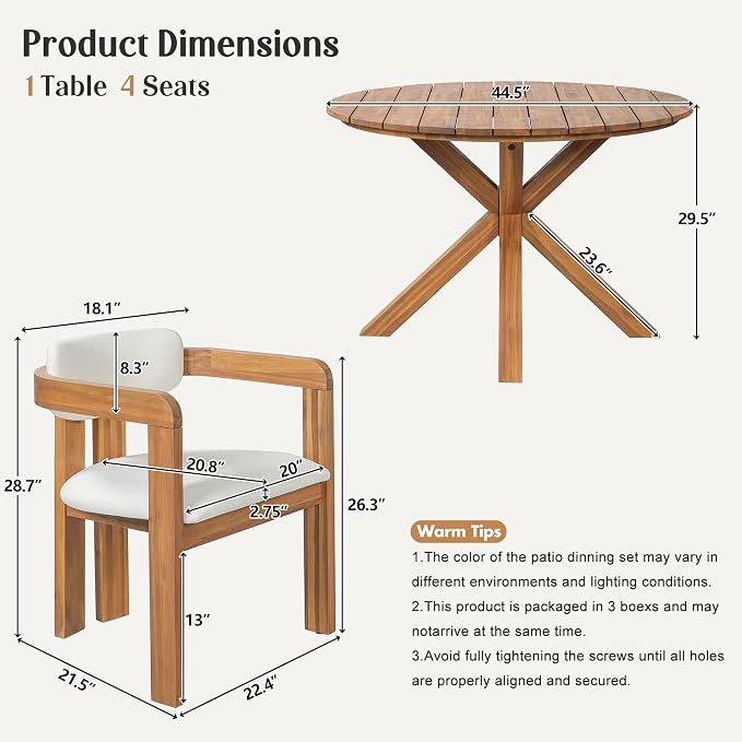 Outdoor Patio Furniture Set of 5, Acacia Wood Round Dining Set with 4 Barrel Chairs & Non-Removable Cushion, 5-Piece Patio Furniture for Backyard Deck Poolside, Natural + Beige